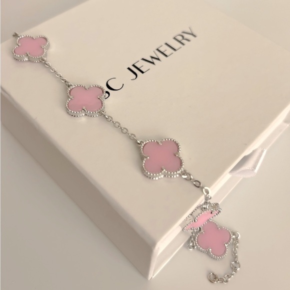 Hot Pink Clover Bracelet 5 Motif Double Sided Silver Chain - Picture 4 of 11